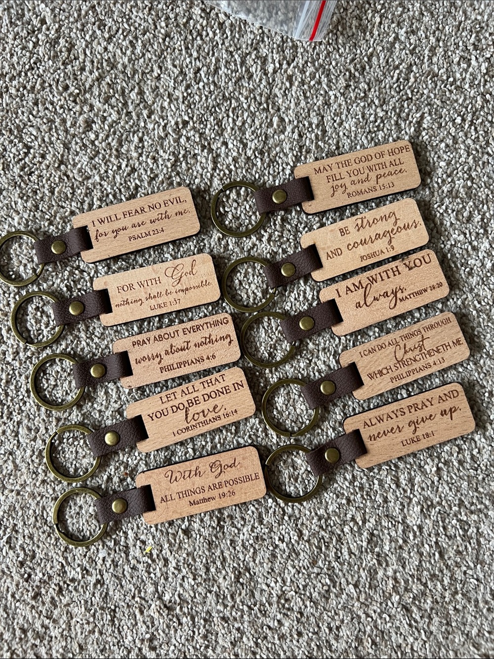 Inspirational Bible Scripture Wood & Faux Leather Keychain Set / 10 Pieces